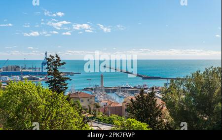 The port of Sète and the Mediterranean from the high quarter on Mont Saint Clair in Sète, Occitanie, France Stock Photo