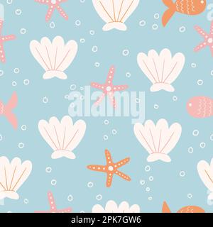 Seamless sea pattern with seashells, corals and starfish. Repeating background with sea shells, clams, clam print. Stock Vector