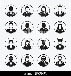 People profile icons of different profession with doctor, nurse, student, engineer, worker sign. Editable Vector EPS Symbol Illustration. Stock Vector