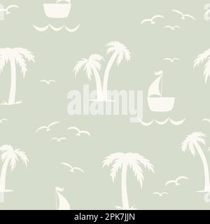 Seamless nautical pattern with silhouettes of palm trees and sailboats on the sea. Repeating summer background. Stock Vector
