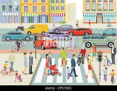 City silhouette with people on crosswalk, people in residential area, illustration Stock Vector