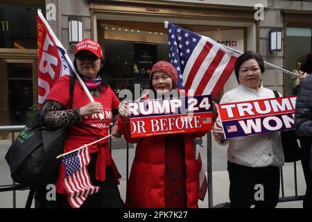 New York, USA. 2nd Apr, 2023. Trump supporters gather during a demonstration outside Trump Tower for Donald Trump's arrival in New York City for his indictment by the Manhattan D.A. (Credit Image: © Catherine Nance/SOPA Images via ZUMA Press Wire) EDITORIAL USAGE ONLY! Not for Commercial USAGE! Stock Photo