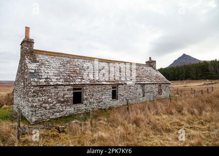 An old abandoned stone cottage with the hill Maiden Pap in the background, Caithness, Scotland Stock Photo