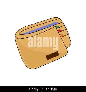 Doodle cartoon man wallet brown color. Pocket purse with plastic credit cards. Stock Vector