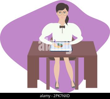 Young Woman with Glasses Sitting at Desk and Using Tablet Device with Stylus Pen. Chart and Diagram in Monitor. Office Worker for Business Infographic Stock Vector