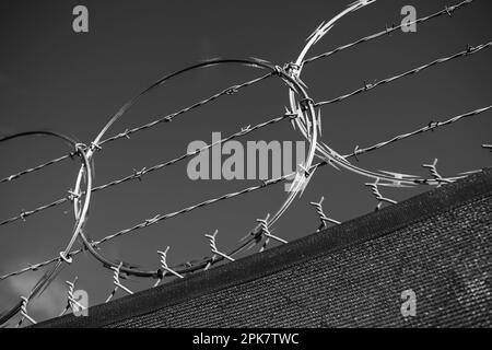 A barbed wire fence and draped frabric. Stock Photo