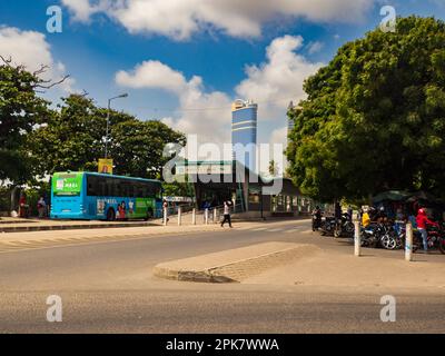 Dar es Salaam, Tanzania - January 2021:The city center with modern tall building and bus stop in the main city of Africa Covid time in Africa. Stock Photo