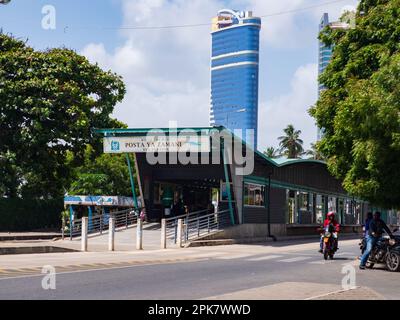 Dar es Salaam, Tanzania - January 2021:The city center with modern tall building and bus stop in the main city of Africa Covid time in Africa. Stock Photo