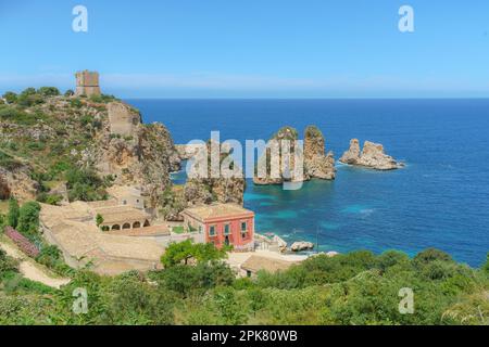 Tonnara di Scopello summer view. Beautiful landscape of Sicily, Italy, Europe. Calm morning seascape of Mediterranean sea. Stock Photo
