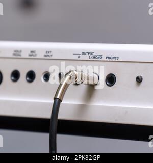 Audio jacks are plugged into a guitar synthesizer or processor Stock Photo