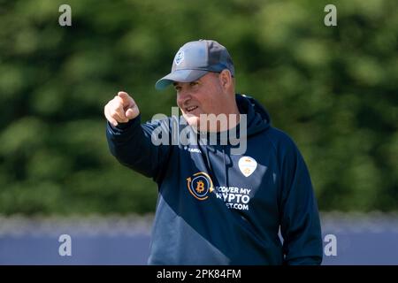 Derbyshire head of cricket Mickey Arthur during day one of the LV= Insurance County Championship Division Two match at The Incora County Ground, Derbyshire. Picture date: Thursday April 6, 2023. Stock Photo