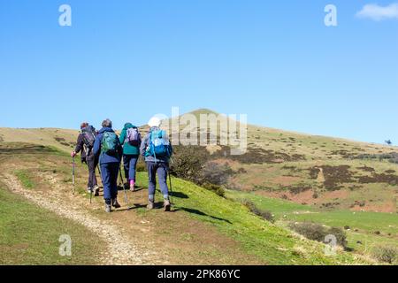 Walkers  walking  up to the summit of Lose Hill, the start of the great ridge walk between Mam Tor and Lose Hill in the English Peak District Stock Photo