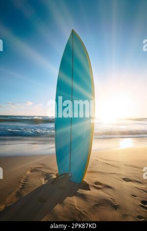surfboard stuck in the beach sand. Stock Photo
