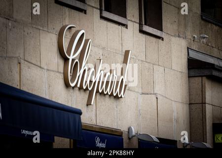 Picture of a sign with the logo of Chopard taken on a jewelry of Ljubljana. Chopard, is a Swiss manufacturer and retailer of luxury watches, jewellery Stock Photo