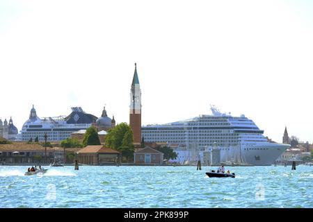 June 27, 2021 - Venice, Italy:The MSC Orcestra ship sails in the Venice lagoon near St. Mark's Square. Stock Photo