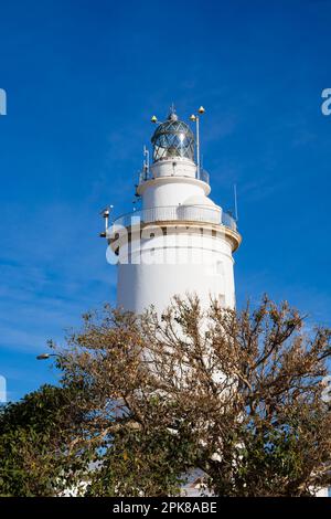 La Farola de Malaga, Malaga lighthouse on the Muelle Uno promenade. Paeso de Levante. Malaga, Andalusia, Costa del Sol, Spain. Harbour lamp white towe Stock Photo