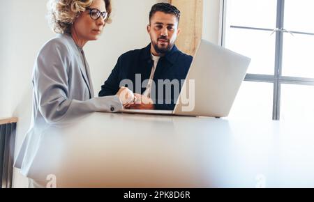 business colleagues looking at a slideshow presentation on a laptop in an office. Two business professionals working on a project together. Stock Photo