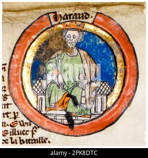 Harold Godwinson (circa 1022-1066), also called Harold II was King of England (6th January 1066 until his death at the Battle of Hastings on the 14th October 1066), illuminated manuscript portrait painting, before 1399 Stock Photo