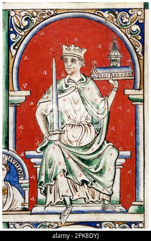 Richard the Lionheart, Richard I of England (1157-1199), King of England (1189-1199), holding the Church of St Thomas of Canterbury, illuminated manuscript portrait painting by Matthew Paris circa 1250-1259 Stock Photo