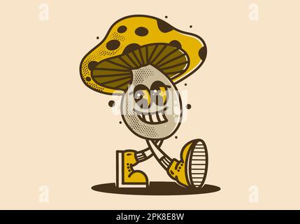 Vintage mascot character illustration design of smiling yellow mushroom Stock Vector