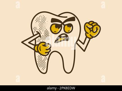 Vintage mascot character illustration design of a tooth with angry face Stock Vector