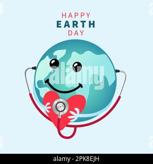 Happy Earth Day, smile planet emoji with heart and stethoscope. Globe earth, post greeting in cartoon style. Vector illustration Stock Vector