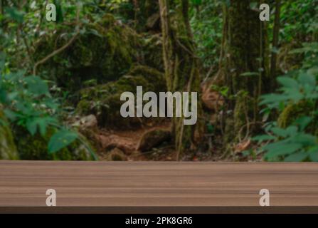 Wood tabletop podium floor in outdoors green leaf tropical forest nature landscape background.Organic healthy natural product present placement pedest Stock Photo