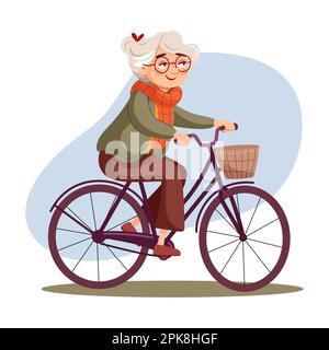 Cute elderly woman rides rides a bicycle Stock Vector