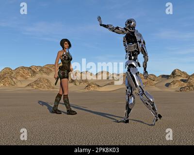 3d illustration of a lone woman meeting a robot while walking through the desert in the early morning light carrying a handgun. Stock Photo