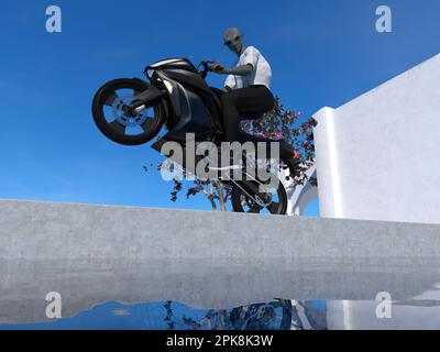 3d Illustration of an alien doing a wheelie on a motorcycle next to a pool with a blue sky in the background. Stock Photo