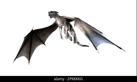 3d illustration of a gray dragon with spread wings flying upward isolated on a white background. Stock Photo