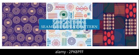 Set of African ancient tribal seamless repeat pattern designs. Contemporary ethnic trendy textile print design for fashion fabric and backgrounds. Stock Vector
