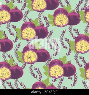 Fig bunch seamless repeat pattern design sliced fig with twig and leaves. Tropical fruit pattern fashion textile design for fabric. Stock Vector