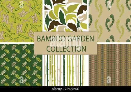 Set of seamless repeat pattern design. Tropical Bamboo Collection for fabric, wrapping, and background. Green bamboo pieces, striped pattern. Stock Vector