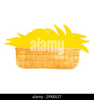 Hand drawn yellow bananas in a basket watercolor illustration. Leaves isolated on white background. Can be used for cards, patterns, label Stock Photo