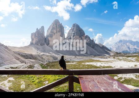 Dobbiaco, Italy-September 11, 2021:A break with a view of the three peaks of Lavaredo seen from the Locatelli refuge on a sunny day Stock Photo