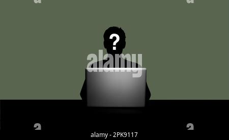 Male person silhouette in front of open laptop and green background Stock Photo