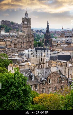 Edinburgh skyline and castle at sunset, view from Calton Hill, Scotland Stock Photo