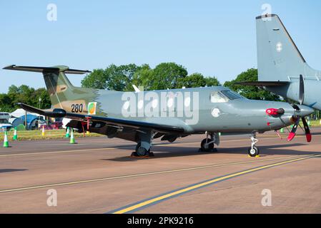 Irish Air Corps Pilatus PC-12NG plane number 280 with special paint scheme on display at the Royal International Air Tattoo airshow, RAF Fairford, UK Stock Photo