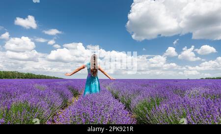 Happy woman in a flowering lavender field in summer Stock Photo