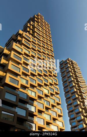 Picture of Two skyscrapers with glass facades in front of a blue sky, barcelona ...