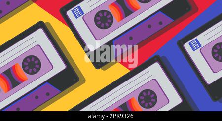 Retro audio cassette pattern on multicolored background. Old school concept Stock Vector