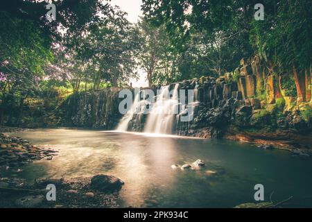 Rochester Falls on Mauritius, beautiful waterfall over basalt stelae in the jungle of Mauritius Stock Photo