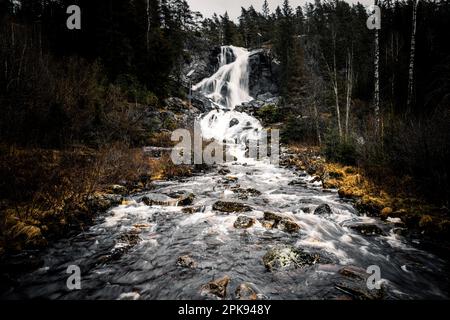 The waterfall Elgafossen near Vassbotten. The waterfall forms the border between Sweden and Norway Stock Photo