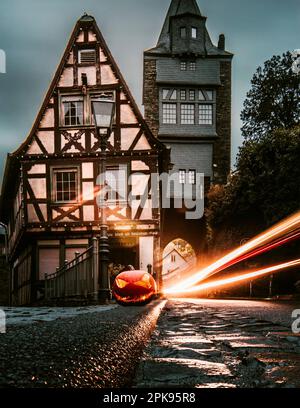 The half-timbered houses and streets in Bacharach on the Rhine in Germany Stock Photo