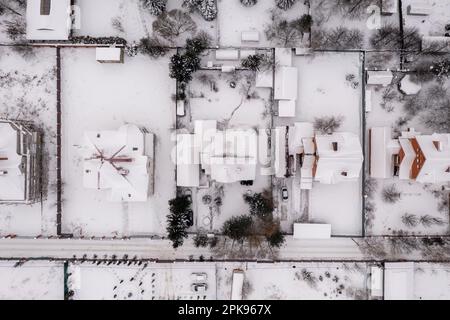 Aerial view of Korolyov, a suburb of Moscow on a snowy, winter day. Stock Photo