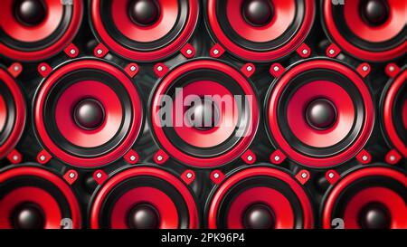 Red and black audio speakers background. 3D illustration. Stock Photo