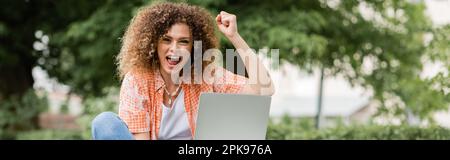 excited freelancer woman with opened mouth using laptop in green park, banner,stock image Stock Photo