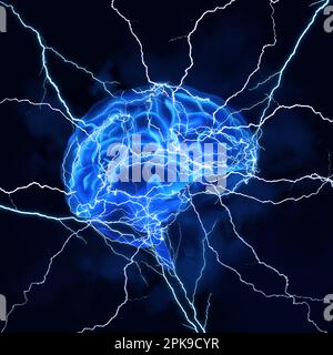 Illustration of human brain with lightning strikes on dark background Stock Photo