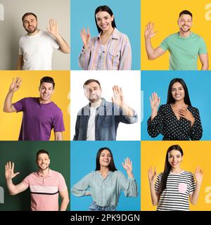 Collage with photos of cheerful people showing hello gesture on different color backgrounds Stock Photo